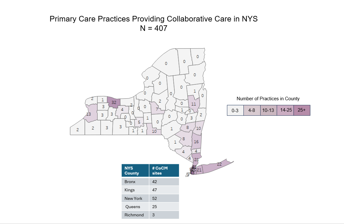A map of New York State with a number assigned to each county showing the number of CoCM sites within that county.