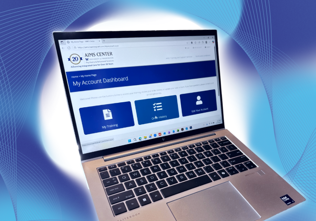A laptop displays the dashboard for the AIMS Collaborative Care Training.